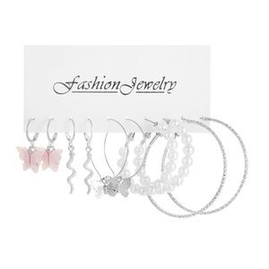 5 Pairs of Silver Butterfly Pearl Earrings Set